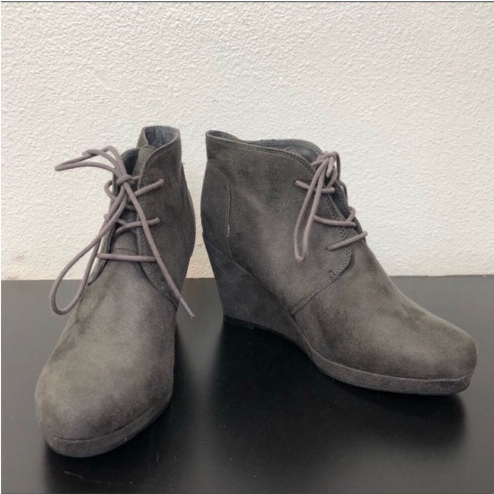 Dark Gray Faux Suede Lace Up Wedge Boots